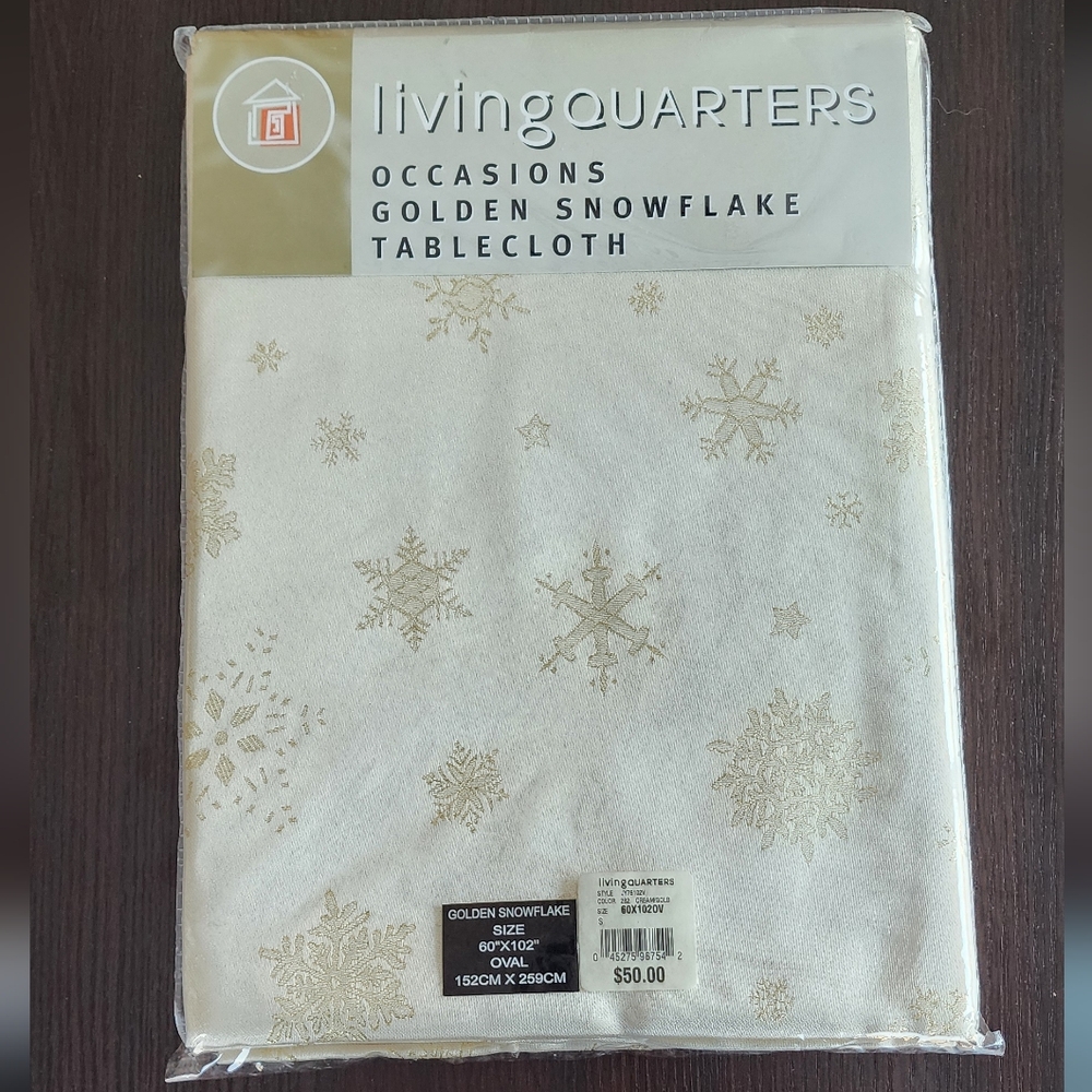 Gold snowflake fabric tablecloth, cream & metallic, oval 60"x102" NWT!